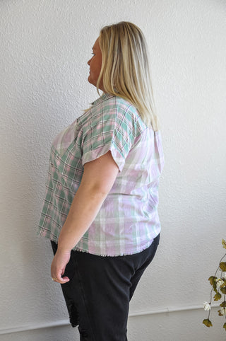 Curvy Plaid Fringe Hem Shirt