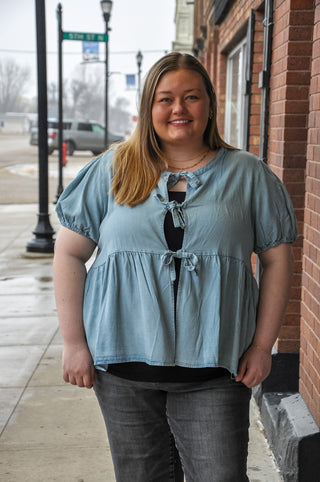 Curvy Puff Sleeve Tie Detail Tencel Peplum Cardigan