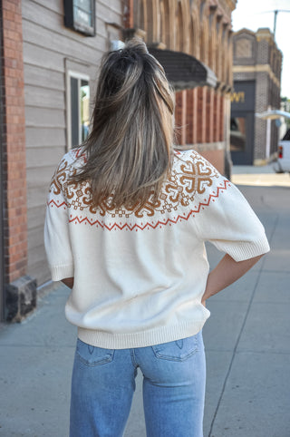Curvy Short Sleeve Pumpkin Embroidery Fair Isle Sweater Top