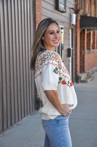 Curvy Short Sleeve Pumpkin Embroidery Fair Isle Sweater Top