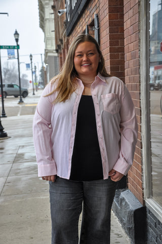 Curvy Striped LS Patch Pocket Shirt