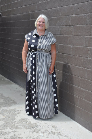 Curvy Contrast Dot Stripe Shirt Dress