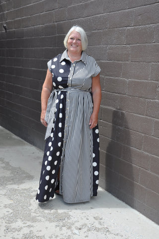 Curvy Contrast Dot Stripe Shirt Dress