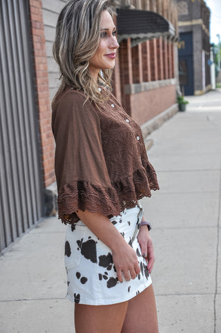 Cream Cow Print Denim Mini Skirt w/Pockets