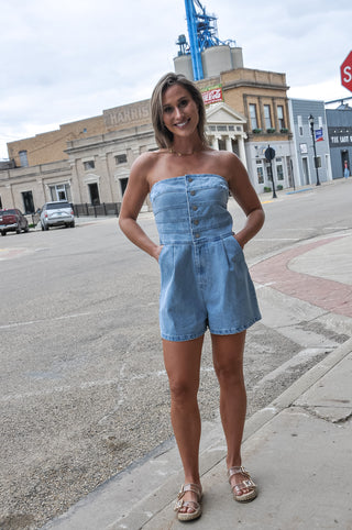 Strapless Button Down Denim Romper