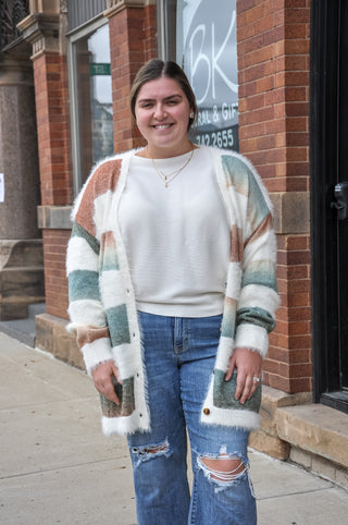 Curvy Gradient Color Block Fuzzy Knit Cardigan