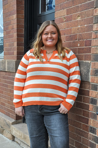 Deep Notch Neck Stripe Knit Sweater