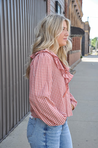 Vintage Red Gingham Ruffle LS Blouse