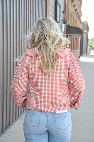 Vintage Red Gingham Ruffle LS Blouse