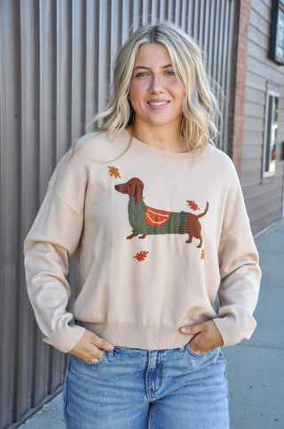 Dachshund Dog & Leaves Fall Knit Sweater