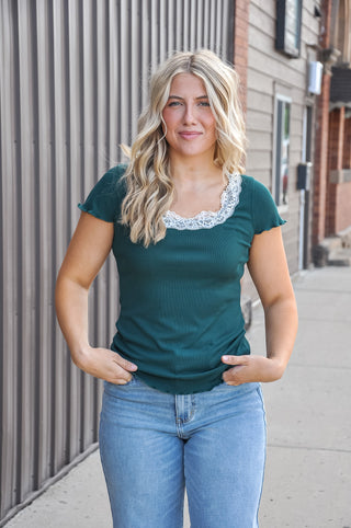Dainty Lace Trimmed Basic Short Sleeve
