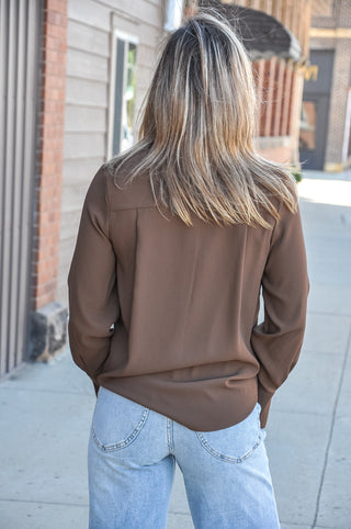 Dark Brown Solid Collared V-Neck Blouse