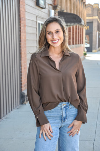 Dark Brown Solid Collared V-Neck Blouse