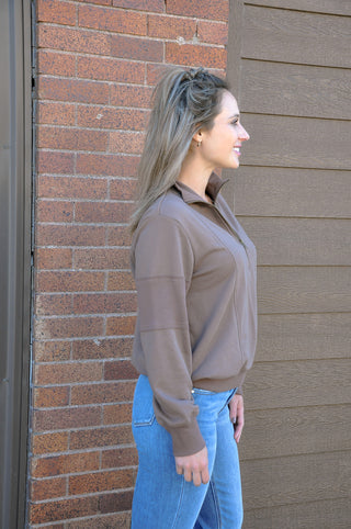 Dark Mocha Half Zip Mock Neck Top