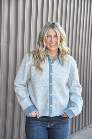 Denim Detail Collared Cardigan