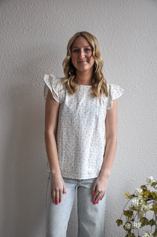 Ditsy Printed Crochet Eyelet Ruffle Top