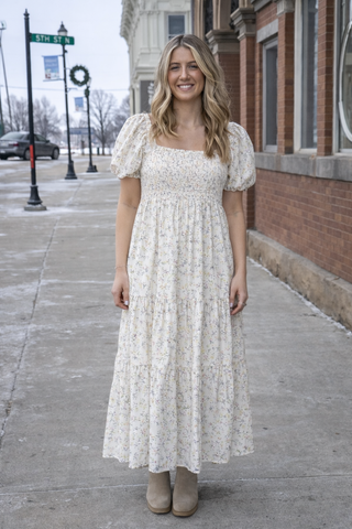 Ditzy Print Smocking Detail Midi Dress