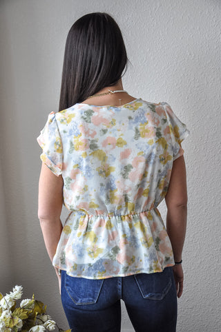 Double Sleeve Surplice Tie Floral Top