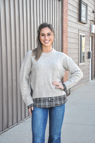 Double Take Plaid Hem Sweater