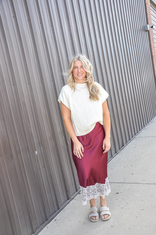 Lace Trim Satin Midi Skirt