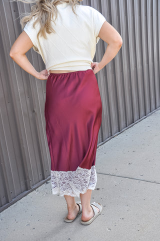 Lace Trim Satin Midi Skirt