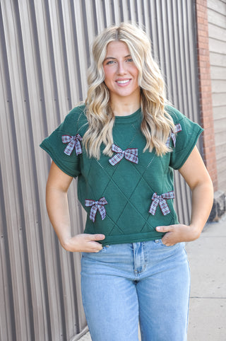 Drop Shoulder Short Sleeve Checked Bow Sweater Top