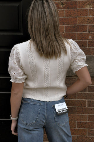 Ecru Lace Puff Sleeve Knit Top