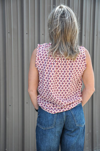 Elastic Frilled Neck Geo Printed Top