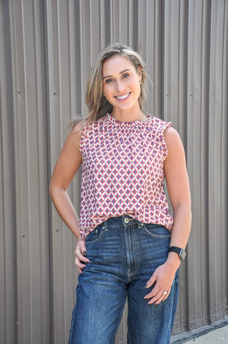 Elastic Frilled Neck Geo Printed Top