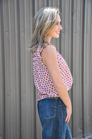 Elastic Frilled Neck Geo Printed Top