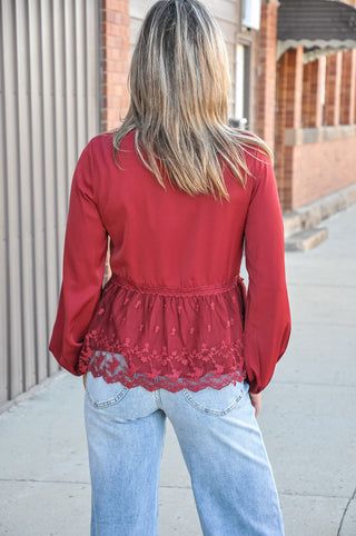 Elegant Maroon High Neck Laced LS Blouse