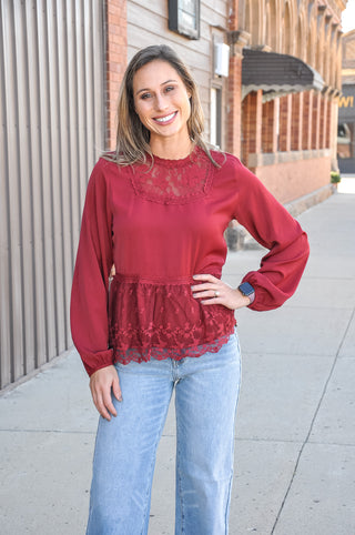 Elegant Maroon High Neck Laced LS Blouse