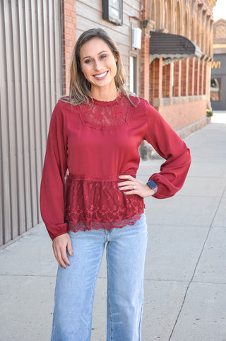Elegant Maroon High Neck Laced LS Blouse