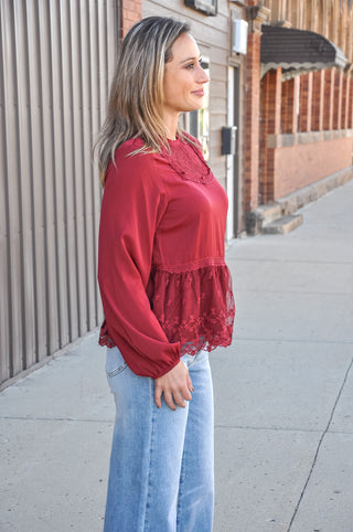 Elegant Maroon High Neck Laced LS Blouse