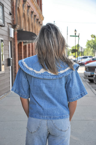 Embroidered Contrast Sailor Collar Denim Jacket