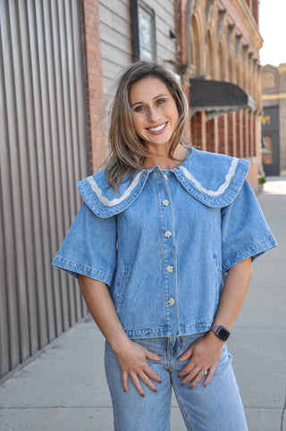 Embroidered Contrast Sailor Collar Denim Jacket