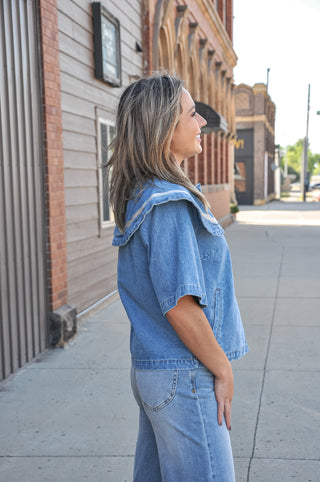 Embroidered Contrast Sailor Collar Denim Jacket