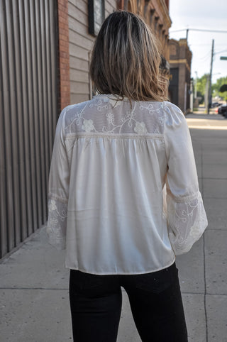 Embroidered Lace Tie-Front Blouse