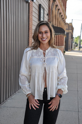 Embroidered Lace Tie-Front Blouse