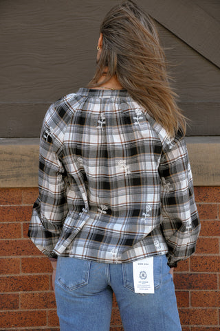 Embroidered Plaid Tie Neck Blouse