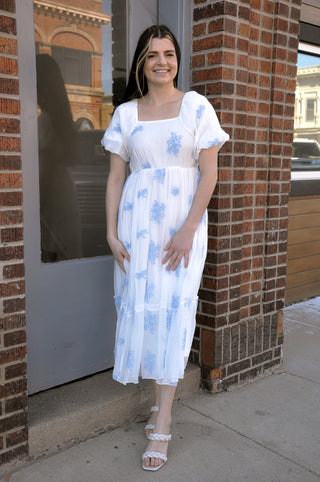 Embroidered Puff Sleeve Tiered Midi Dress