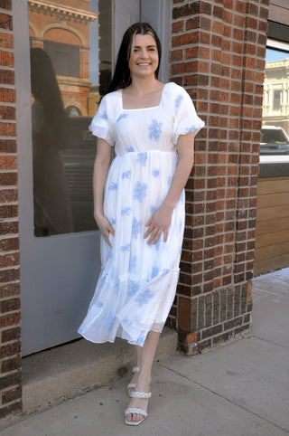 Embroidered Puff Sleeve Tiered Midi Dress