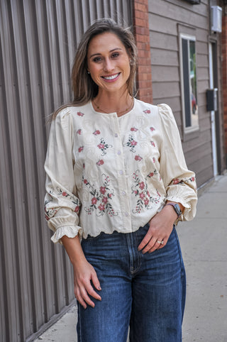 Embroidered Scallop Hem Cotton Blouse