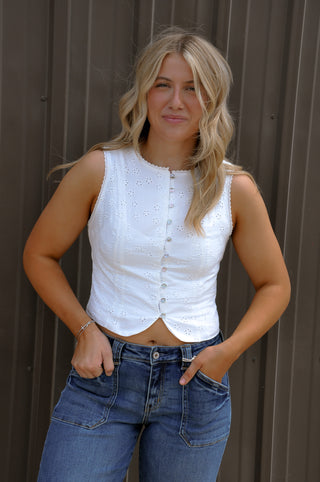Eyelet Button-front Sleeveless Top
