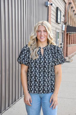 Eyelet Puff Sleeve Embroidered Blouse
