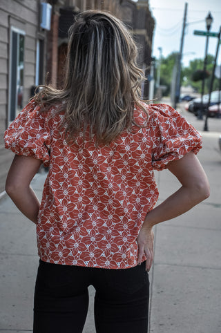 Eyelet Puff Sleeve Embroidered Blouse