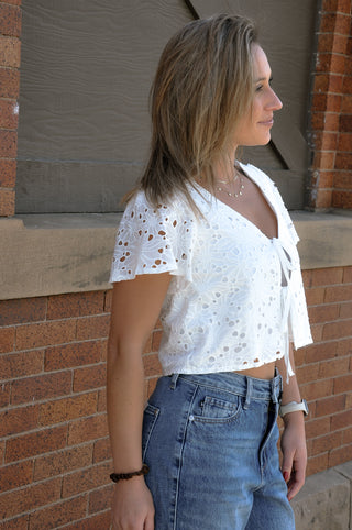 Eyelet Tie-front Lined Cotton Top
