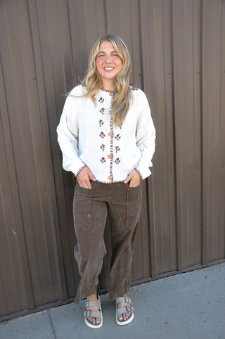 Flower Embroidered Contrast Stitch Cardi
