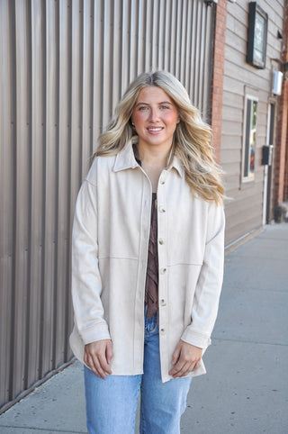 Faux Suede Long Sleeve Button Down Shacket