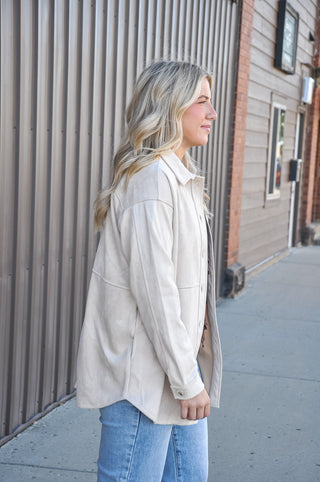 Faux Suede Long Sleeve Button Down Shacket